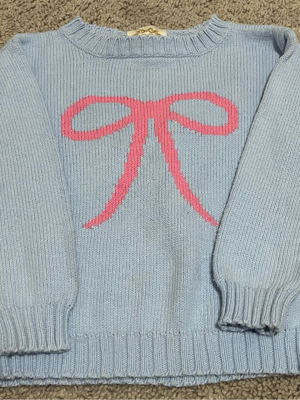 The Beaufort Bonnet Company Light Blue Sweater with Pink Bow